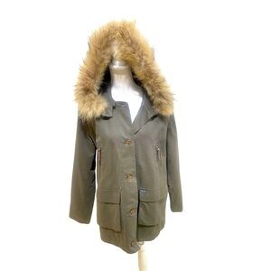Faconnable olive Arctic parka cotton/wool jacket real raccoon fur hood sz large